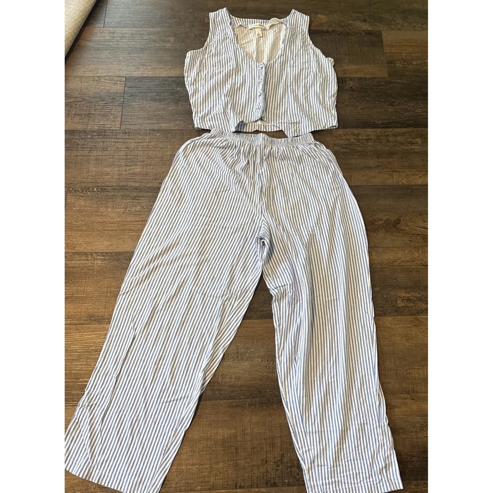 Victoria's Secret Lounge Set Blue White Stripes Pants Vest Y2K Pajamas Small VTG - Picture 4 of 9